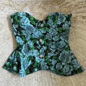 Zara Green and Blue Knit Jacquard Floral Bustier Top